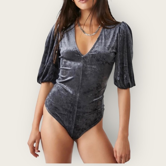 Free People Tops - NWT | Free People Intimately | Velour Puff Sleeve Bodysuit | Gray | Various Size